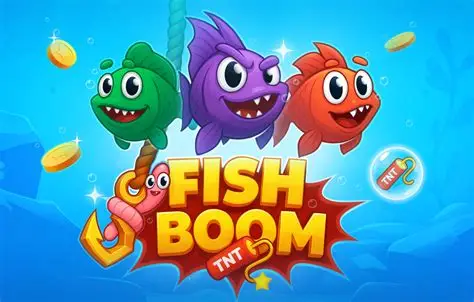 Fish Boom cartoon fish with TNT icon and coins